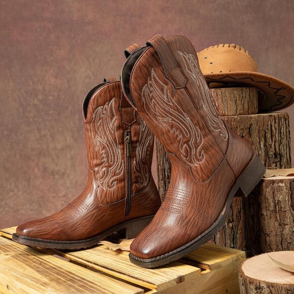 Jousen Mens Amy8420-lightbrown Embroidery Retro Square Toe Chunky Heeled Boots - Picture 7 of 7